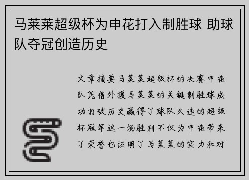 马莱莱超级杯为申花打入制胜球 助球队夺冠创造历史